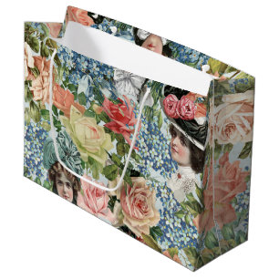 Vintage Lady Retro Botanical Flower Pattern Large Gift Bag