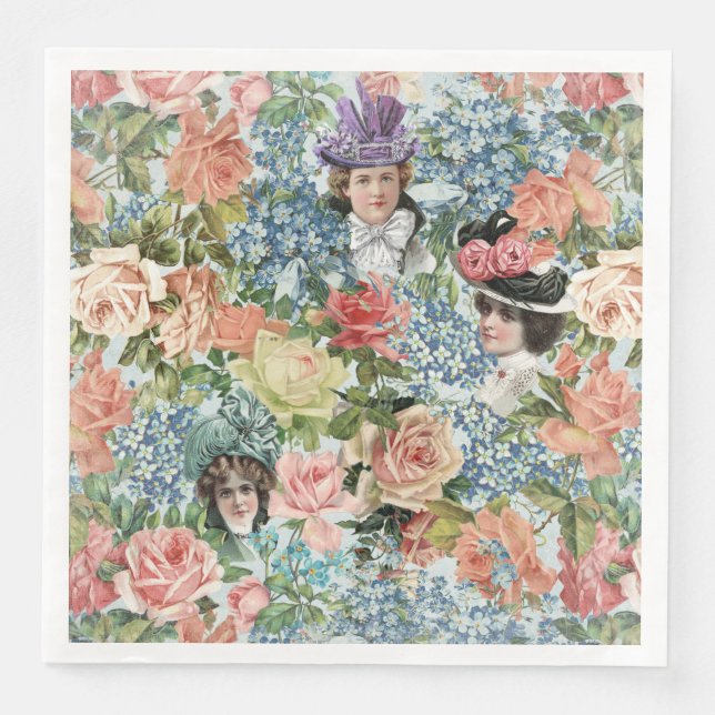 Vintage Lady Retro Botanical Flower Pattern Napkin (Front)