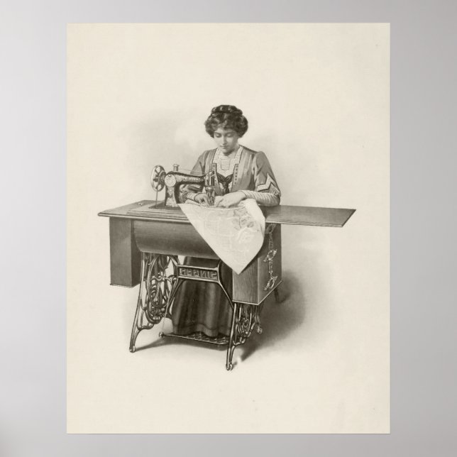 Vintage Lady Sewing Machine Seamstress Poster (Front)