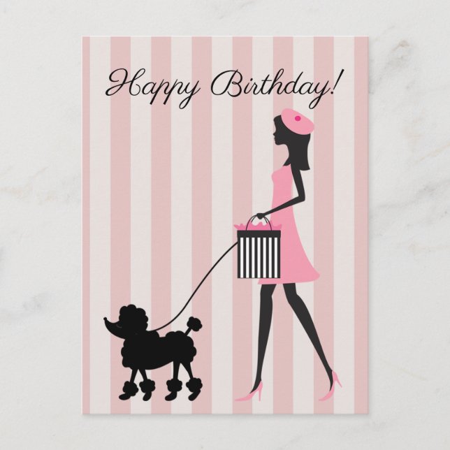 Vintage Lady walking black poodle Happy Birthday Postcard (Front)