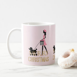 Vintage Lady walking black poodle Merry Christmas Coffee Mug