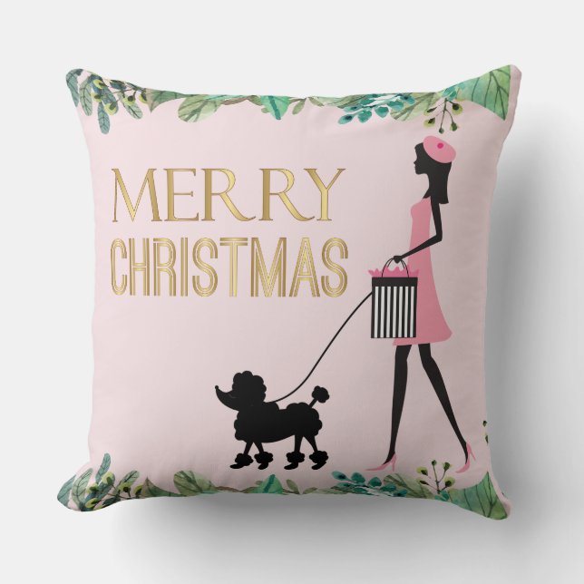 Vintage Lady walking black poodle Merry Christmas Cushion (Front)