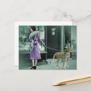 Vintage Lady Window Shopping while Walking Cheetah Postcard