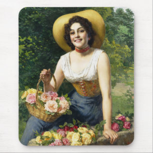 Vintage Lady With A Basket Of Pink & Yellow Roses Mouse Pad
