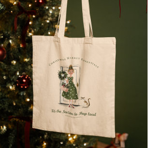 Vintage Lady with Cat Christmas Market Monogram Tote Bag