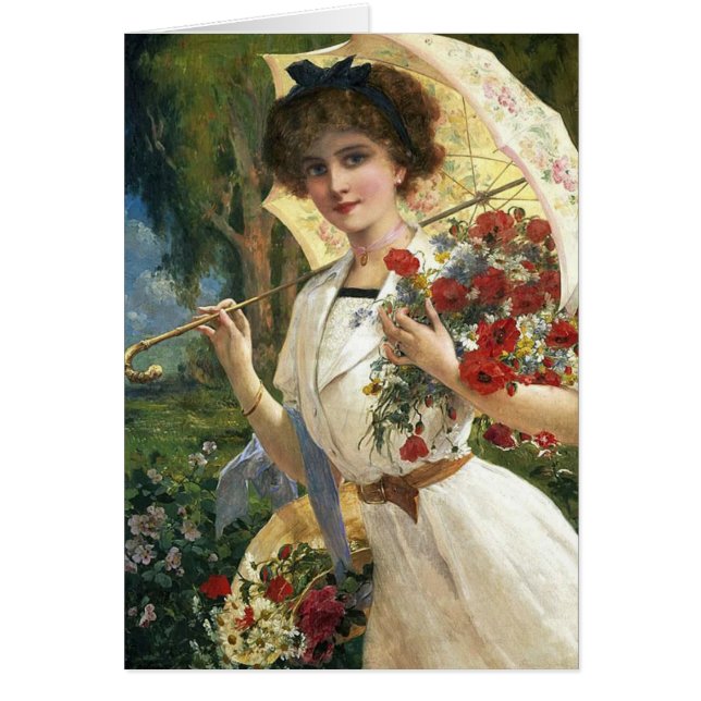 Vintage Lady with Parasol in a Garden, (Front)