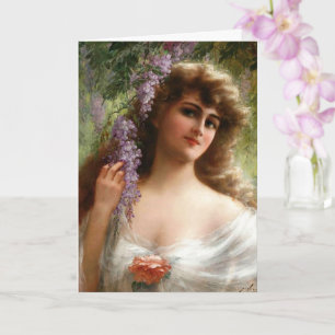 Vintage Lady With Purple Flowers & Peach Rose Card