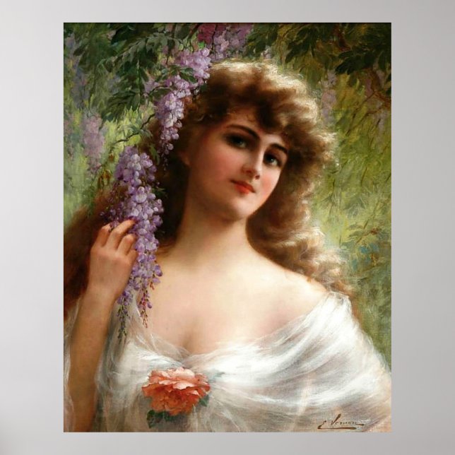Vintage Lady With Purple Flowers & Peach Rose Poster (Front)