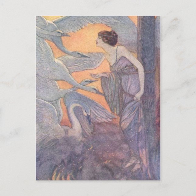 Vintage - Lady with Six Swans, Postcard (Front)