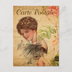 Vintage Lady Woman with Cute Cat Floral French Postcard
