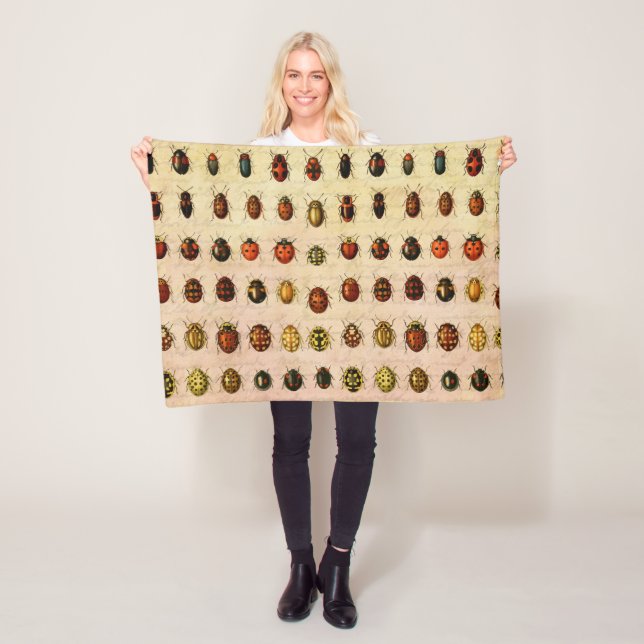 Vintage Ladybug Specimen Pattern Antique Insect Fleece Blanket (In Situ)