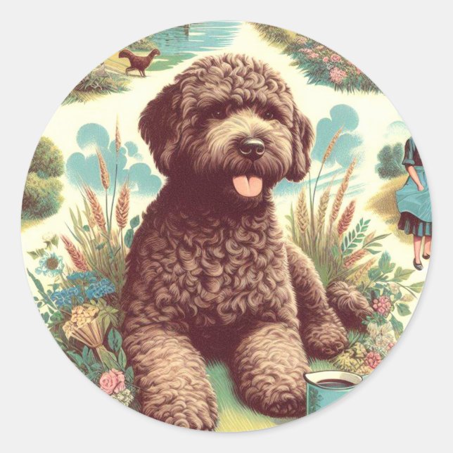 Vintage Lagotto Romagnolo Illustration Classic Round Sticker (Front)