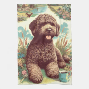 Vintage Lagotto Romagnolo Illustration Tea Towel
