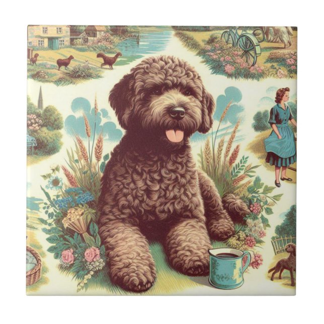 Vintage Lagotto Romagnolo Illustration Tile (Front)