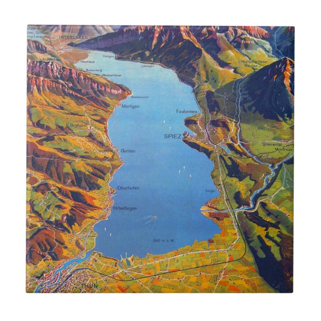 Vintage Lake of Thun Switzerland Travel Tile (Front)