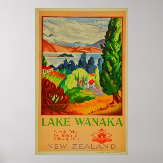 Vintage Lake Wanaka New Zealand Travel Poster (Front)