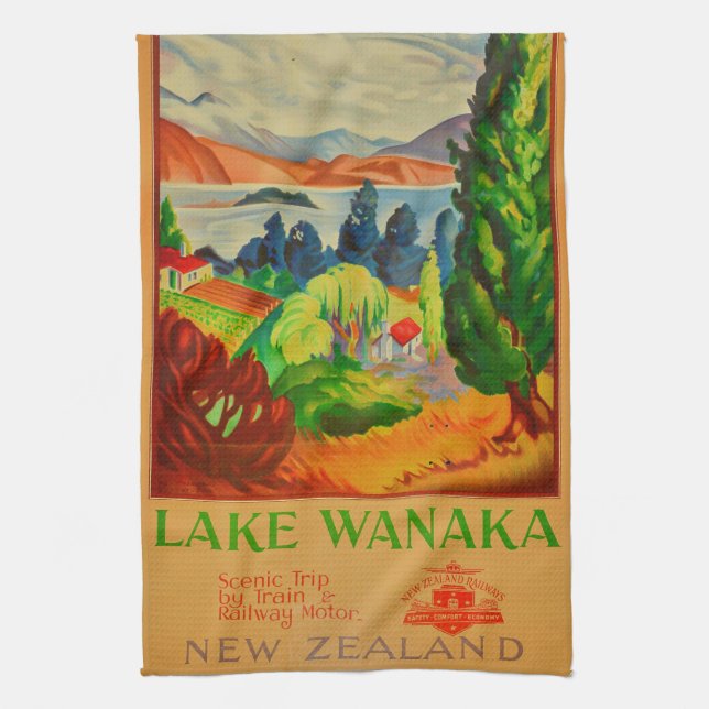 Vintage Lake Wanaka New Zealand Travel Tea Towel (Vertical)