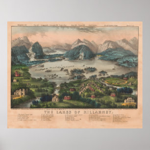 Vintage Lakes of Killarney Pictorial Map (1868) Poster