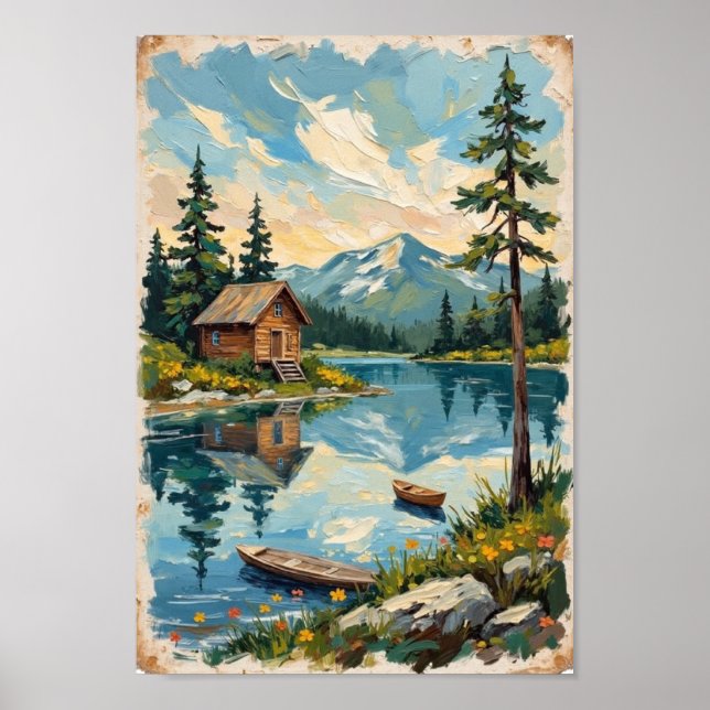 Vintage Lakeside Cabin Rustic Art Poster (Front)