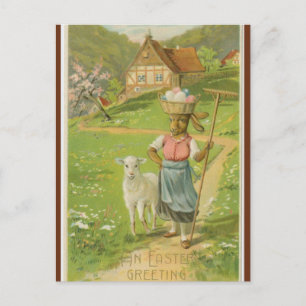 Vintage Lamb and Bunny With Basket of Eggs Easter Postcard