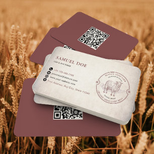 Vintage Lamb Sheep Farm LOGO QR Code Red Business Card