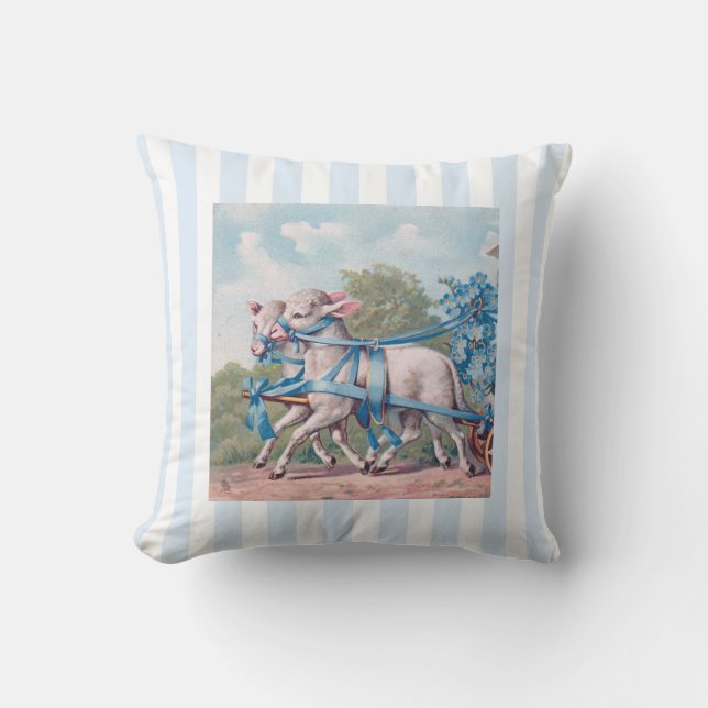 Vintage Lambs in Blue Ribbons on Stripes Cushion (Front)