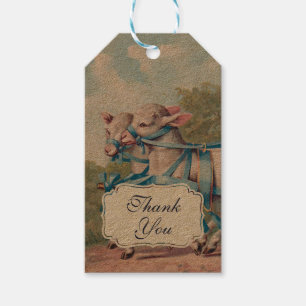 Vintage Lambs in Blue Ribbons on Stripes Thank You Gift Tags
