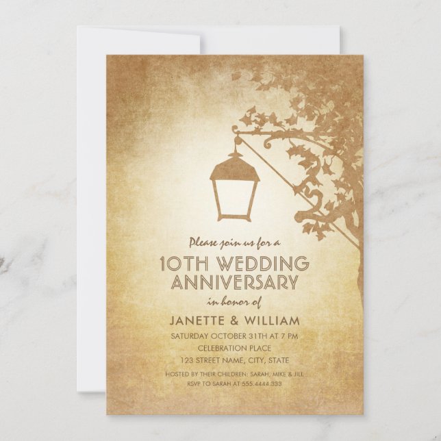 Vintage Lamp 10th Wedding Anniversary Rustic Fall Invitation (Front)