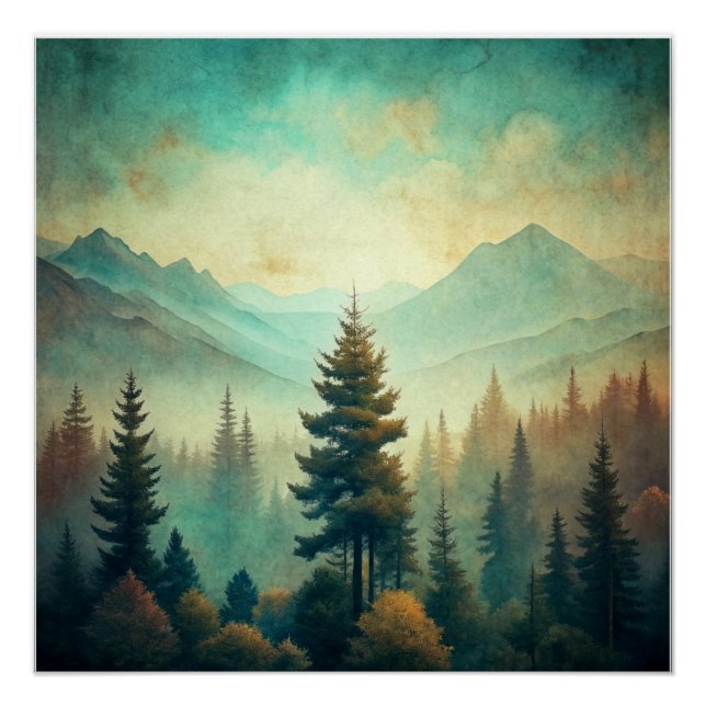 Vintage Landscape Mountains Forest Wall Poster Art (Front)