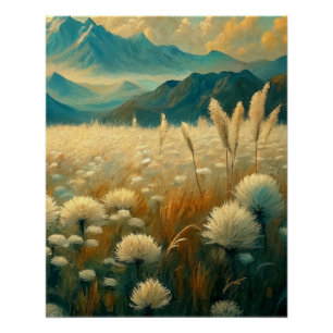 Vintage Landscape Mountains Wildflowers Poster