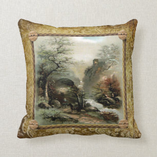 Vintage Landscape on a Grunge Brocade Background Cushion