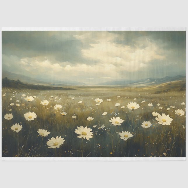 Vintage Landscape Painting White Flowers Decoupage Tissue Paper (Front)