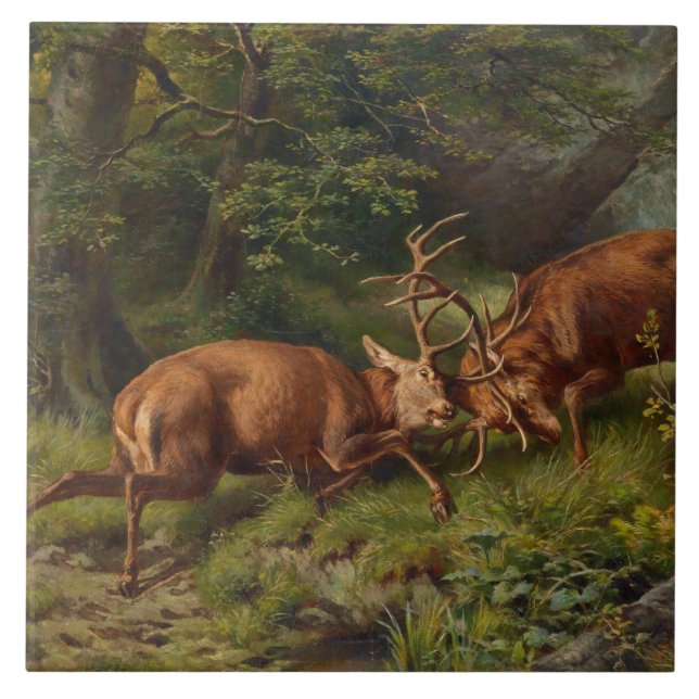 Vintage Landscape Pausinger Fighting Deer Tile (Front)
