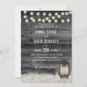 Vintage Lantern Baby's Breath Flowers Barn Wedding Invitation