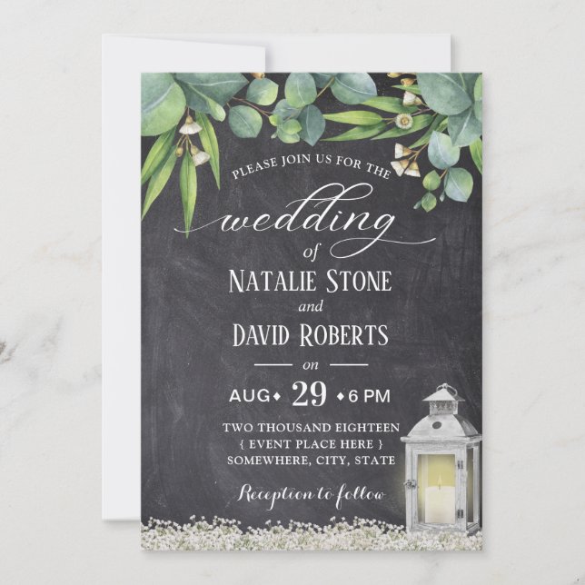 Vintage Lantern Elegant Foliage Chalkboard Wedding Invitation (Front)