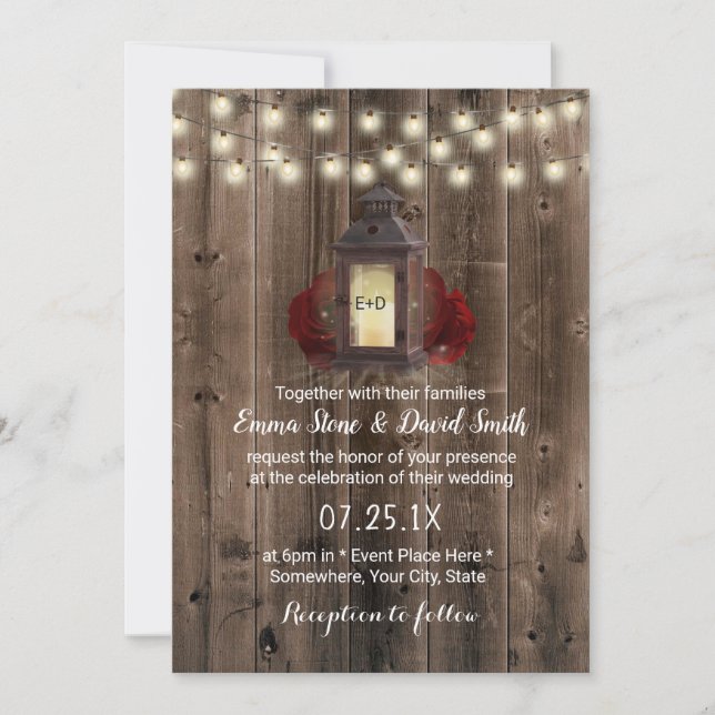 Vintage Lantern & Flowers Rustic Barn Wood Wedding Invitation (Front)