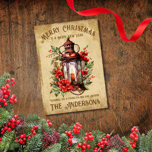 Vintage Lantern Merry Christmas Happy New Year Holiday Card