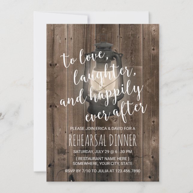 Vintage Lantern Rustic Barn Wood Rehearsal Dinner Invitation (Front)