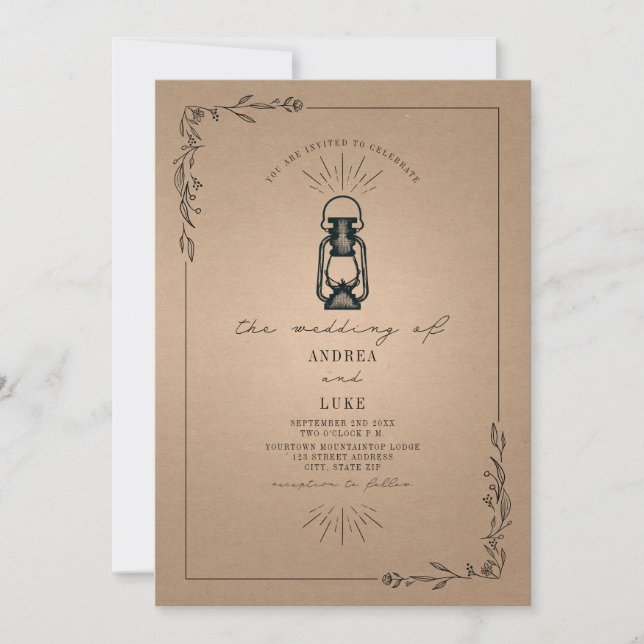 Vintage Lantern Rustic Botanical Cardstock Wedding Invitation (Front)