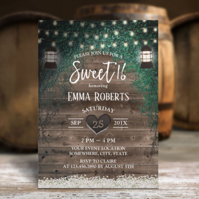 Vintage Lantern Rustic Ivy & Wood Sweet 16 Invitation (Creator Uploaded)