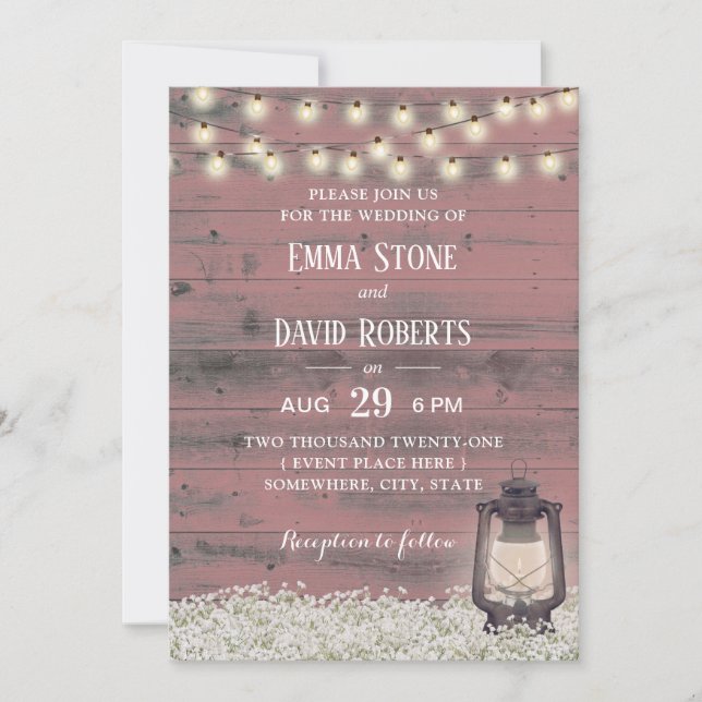 Vintage Lantern Rustic Pink Barn Wood Wedding Invitation (Front)