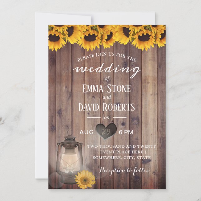 Vintage Lantern Rustic Sunflower Barn Wood Wedding Invitation (Front)