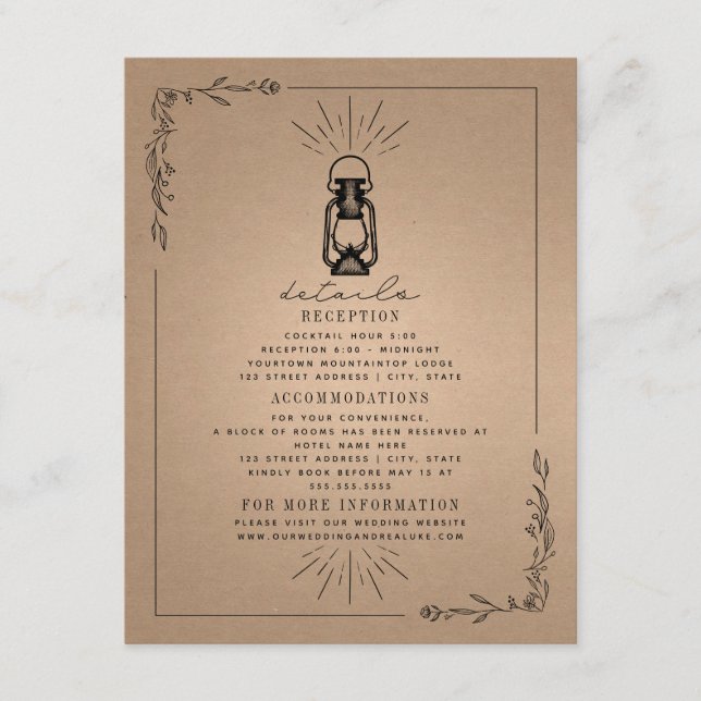 Vintage Lantern Rustic Wedding Details Cardstock Enclosure Card (Front)
