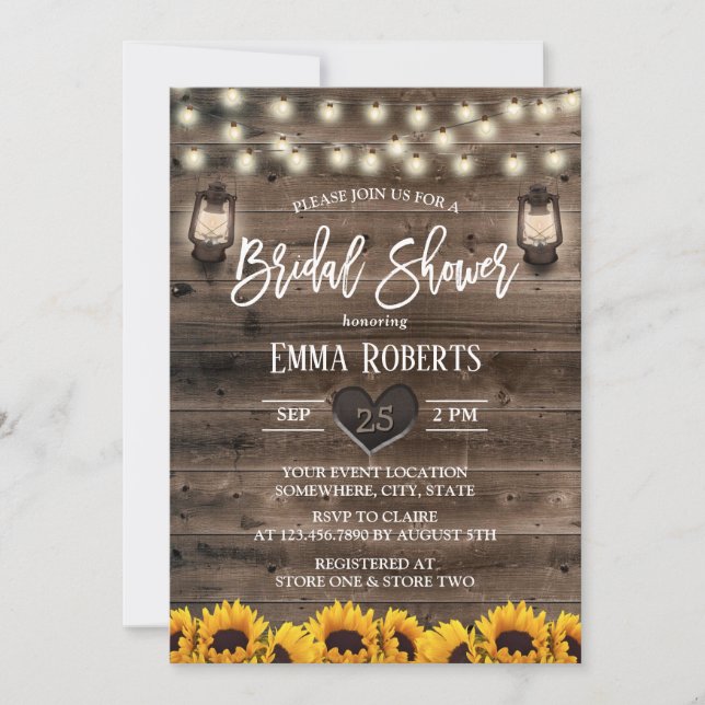 Vintage Lantern Sunflower Barn Wood Bridal Shower Invitation (Front)