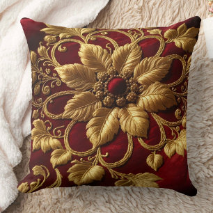 Vintage Large Flower Embroidery look Red Gold Cushion