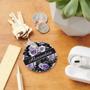 Vintage Lavender and Grey Rose Monogram Key Ring