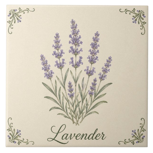 Vintage Lavender Botanical Cottage Kitchen Herb Tile (Front)