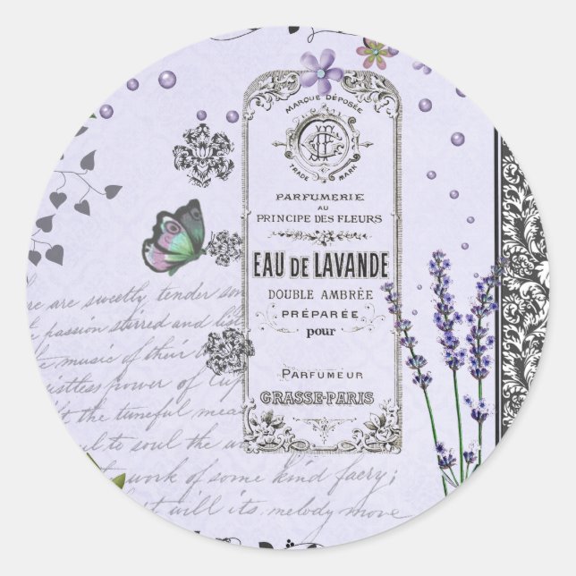 Vintage Lavender Collage Classic Round Sticker (Front)