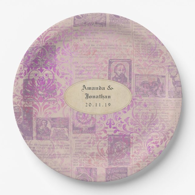 Vintage Lavender Ephemera Damask Wedding Paper Plate (Front)