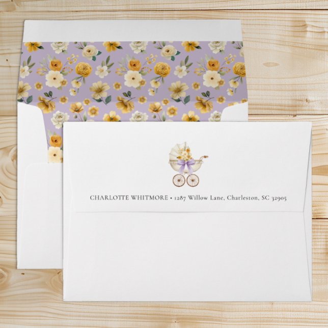 Vintage Lavender Floral Carriage Envelope (Vintage Pram Baby Shower Envelope)